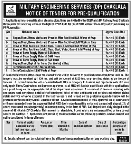Military Engineering Services Chaklala Tender Notice